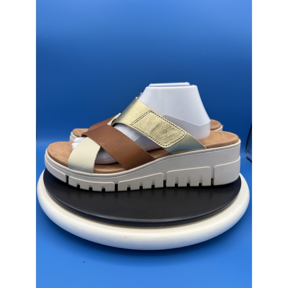 Vionic Uptown‎ Sunset Women's Size 12 Wide Tan Gold Platform Wedge Slide Sandals